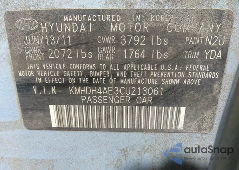 2012 Hyundai Elantra Limited (Ulsan Plant) from USA, damaged, VIN KMHDH4AE3CU213061